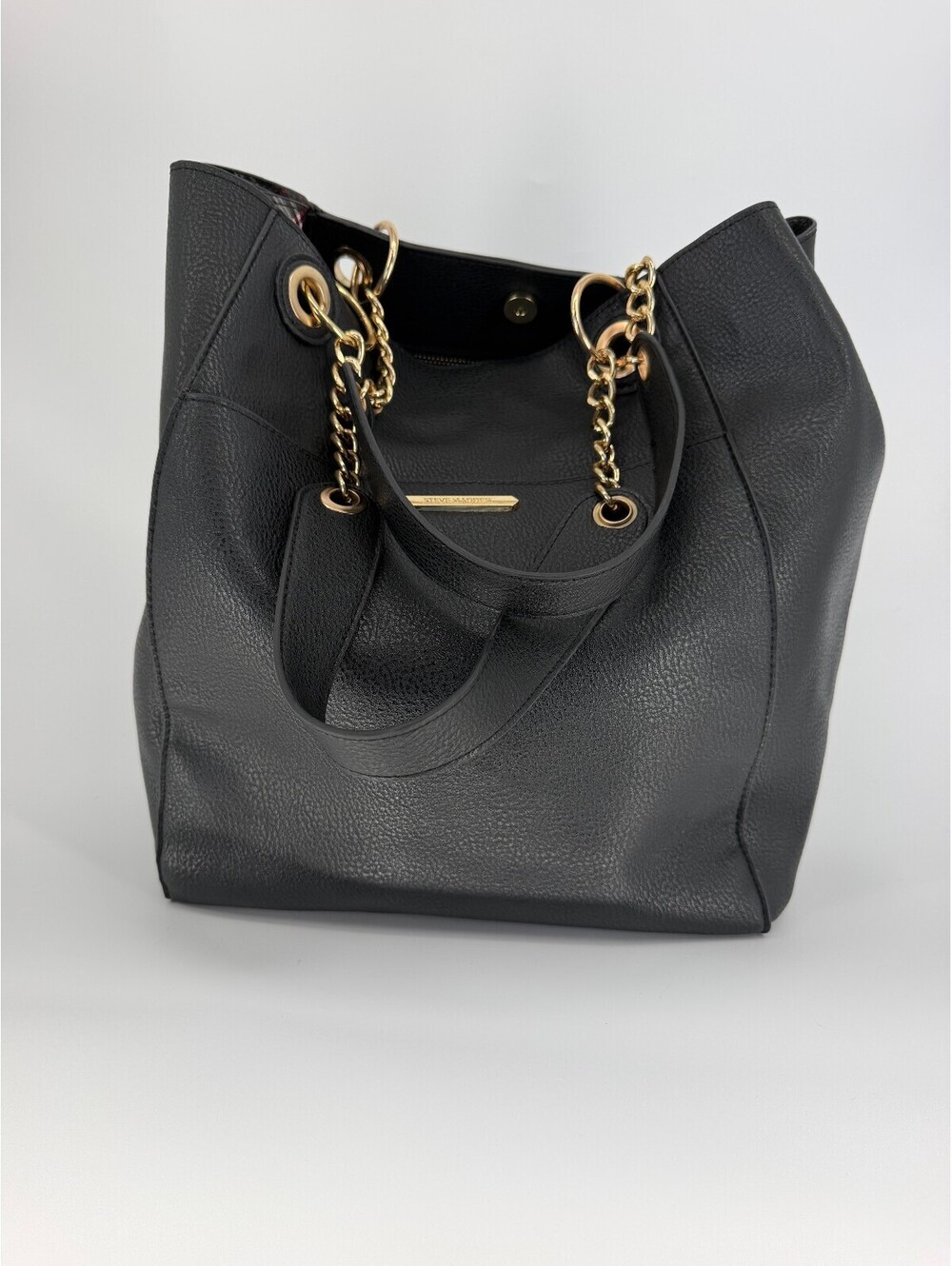 Steve Madden Black Pebbled Leather Tote Bag with Gold Chain Handles